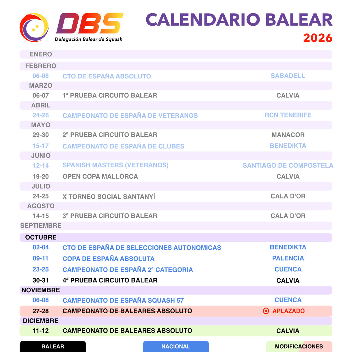 Calendario squash balear 2026 Calendario Balear 2026